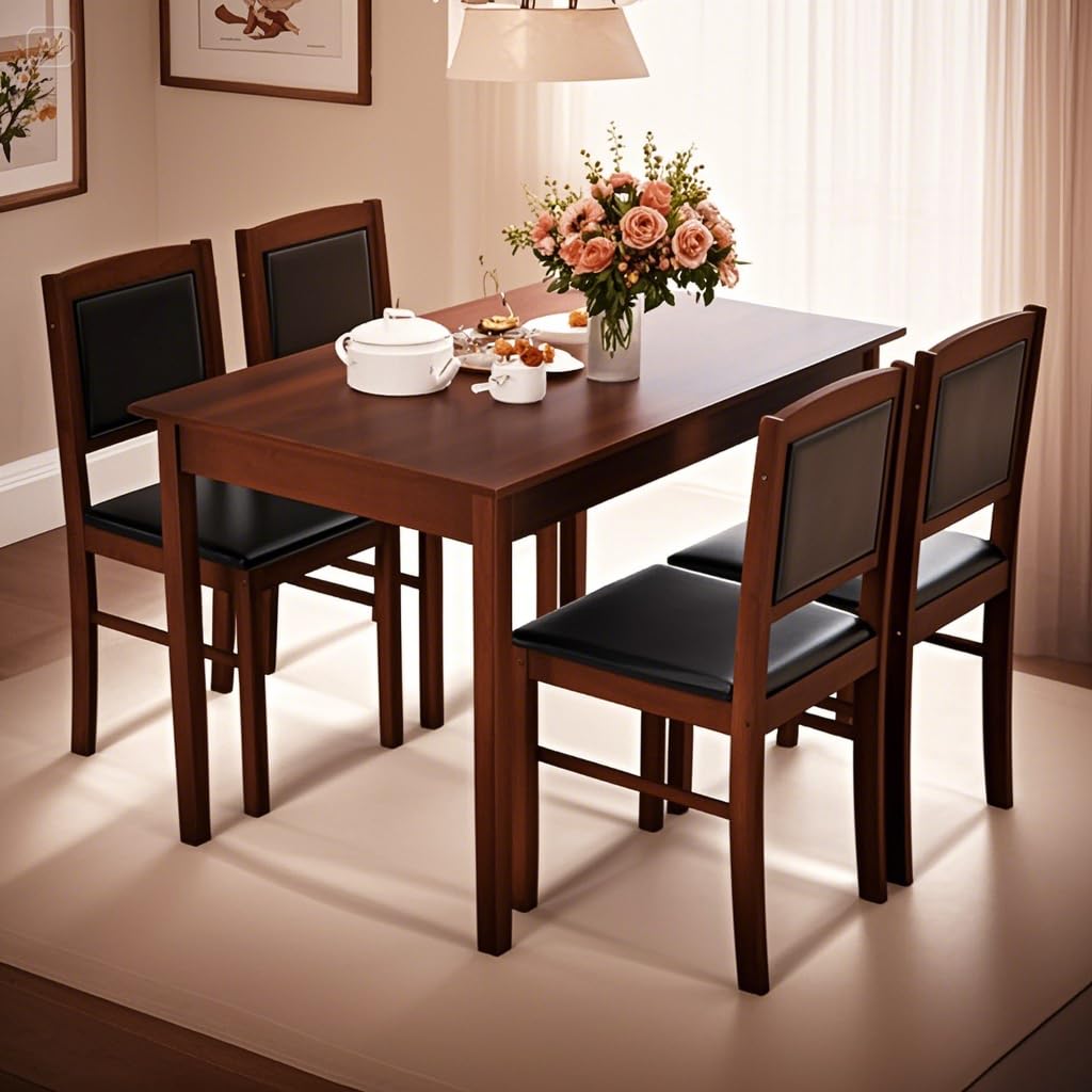 POWERSTONE Farmhouse Wood Dining Table Set for 4, Space-Saving Kitchen Table 4 Chairs Paded PU Leather, Rectangular 5 Piece Dining Table Set 4 Rubberwood Legs Chairs for Kitchen Indoor Dinner (Brown) POWERSTONE