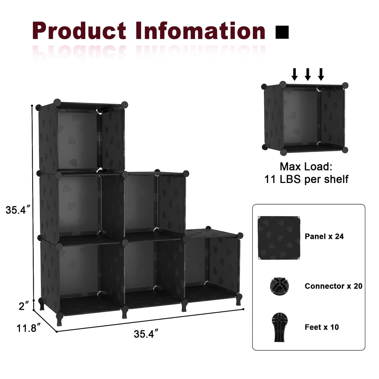 UNKU 6 Cube Storage Organizer, Bookcase Bookshelf with Pattern, Closet Organizer Cabinet, Storage Cube Shelf, Open Storage Shelves for Bedroom, Living Room, Home Office, Black UNKU
