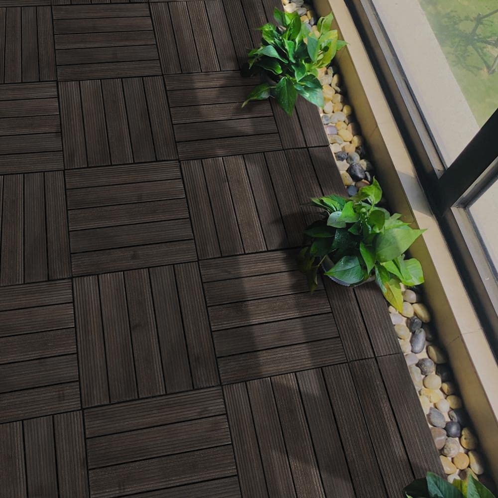 Topeakmart 27PCS Wood Flooring Tiles Interlocking Patio Deck Tiles Blocks Indoor Outdoor Solid Wood 12 x 12in Dark Brown Topeakmart