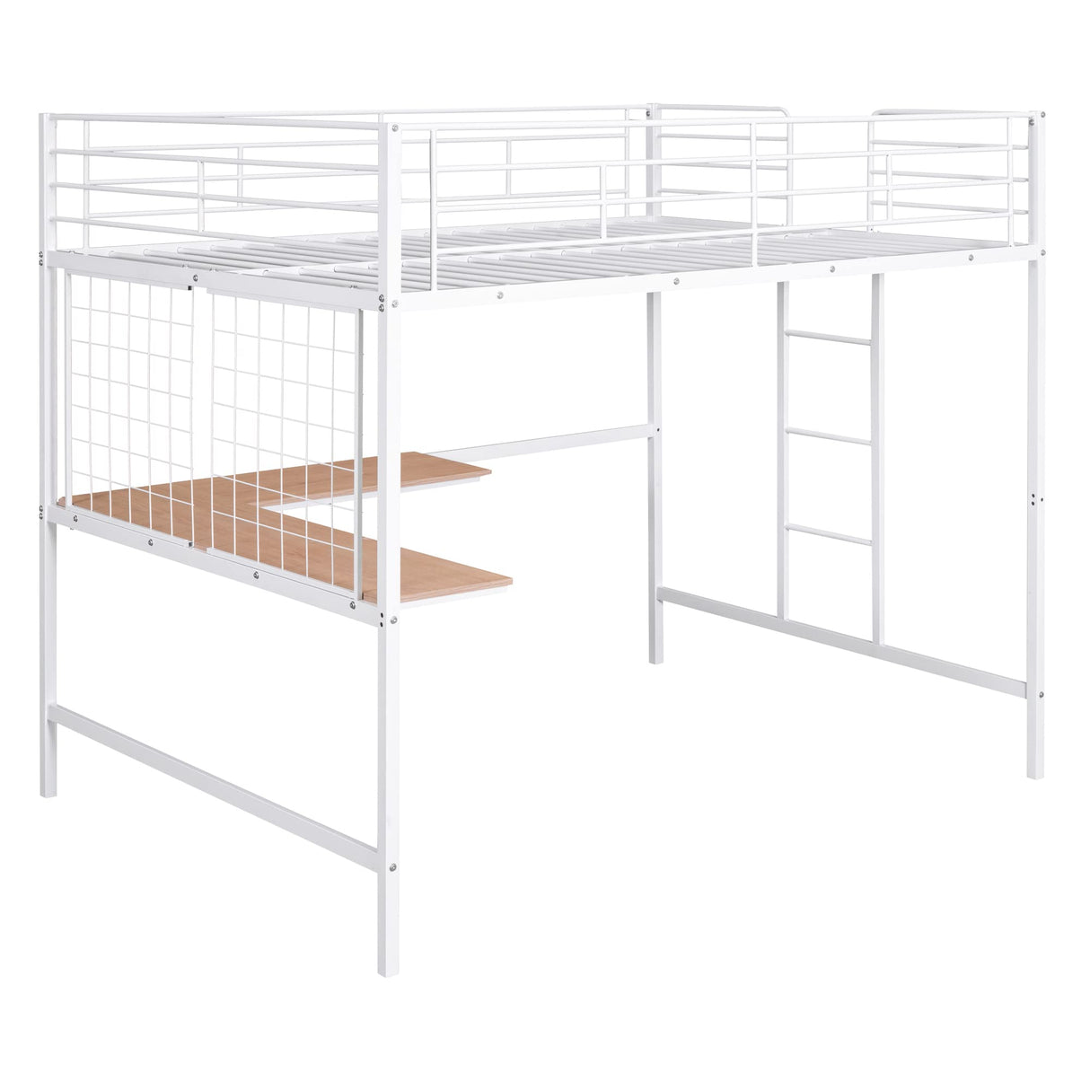 Full Size Loft Bed with Desk and Metal Grid, Metal Loft Bed Full with Safety Guardrails and Ladders, High Loft Bed Frame for Teens, Adults, No Box Spring Needed (Full, White) Harper & Bright Designs