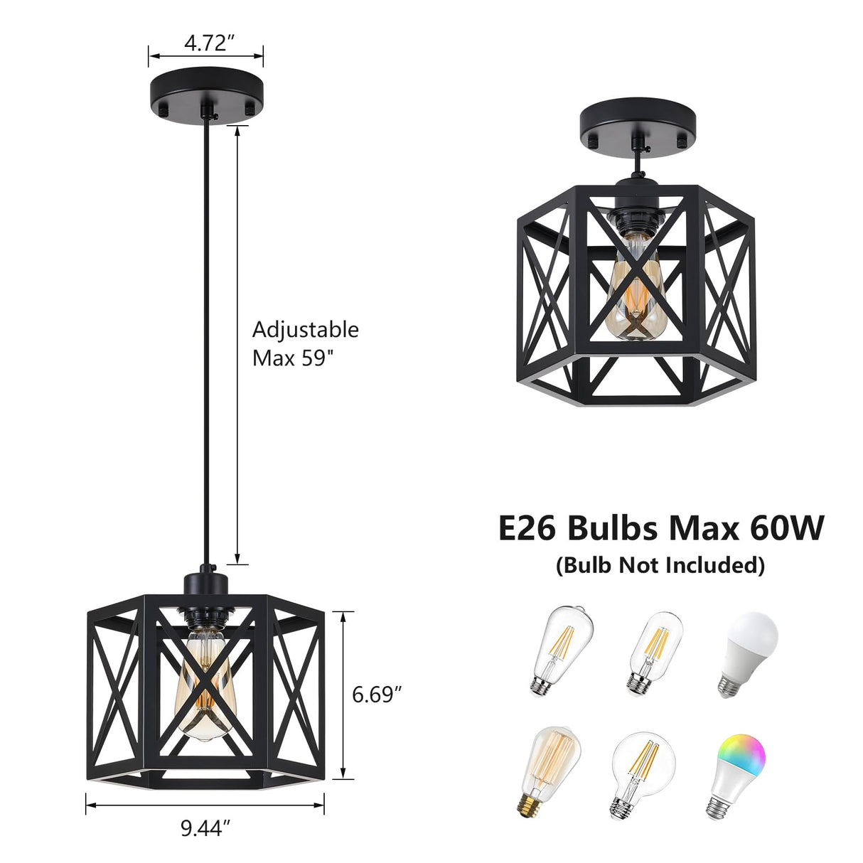 XSDeTu 2 Pack Farmhouse Pendant Lights, Modern Black Hanging Light Fixture with Hexagonal Cage, Industrial Metal Ceiling Lights, Adjustable Lantern Pendant Lighting for Kitchen Island Sink Hallway XSDeTu