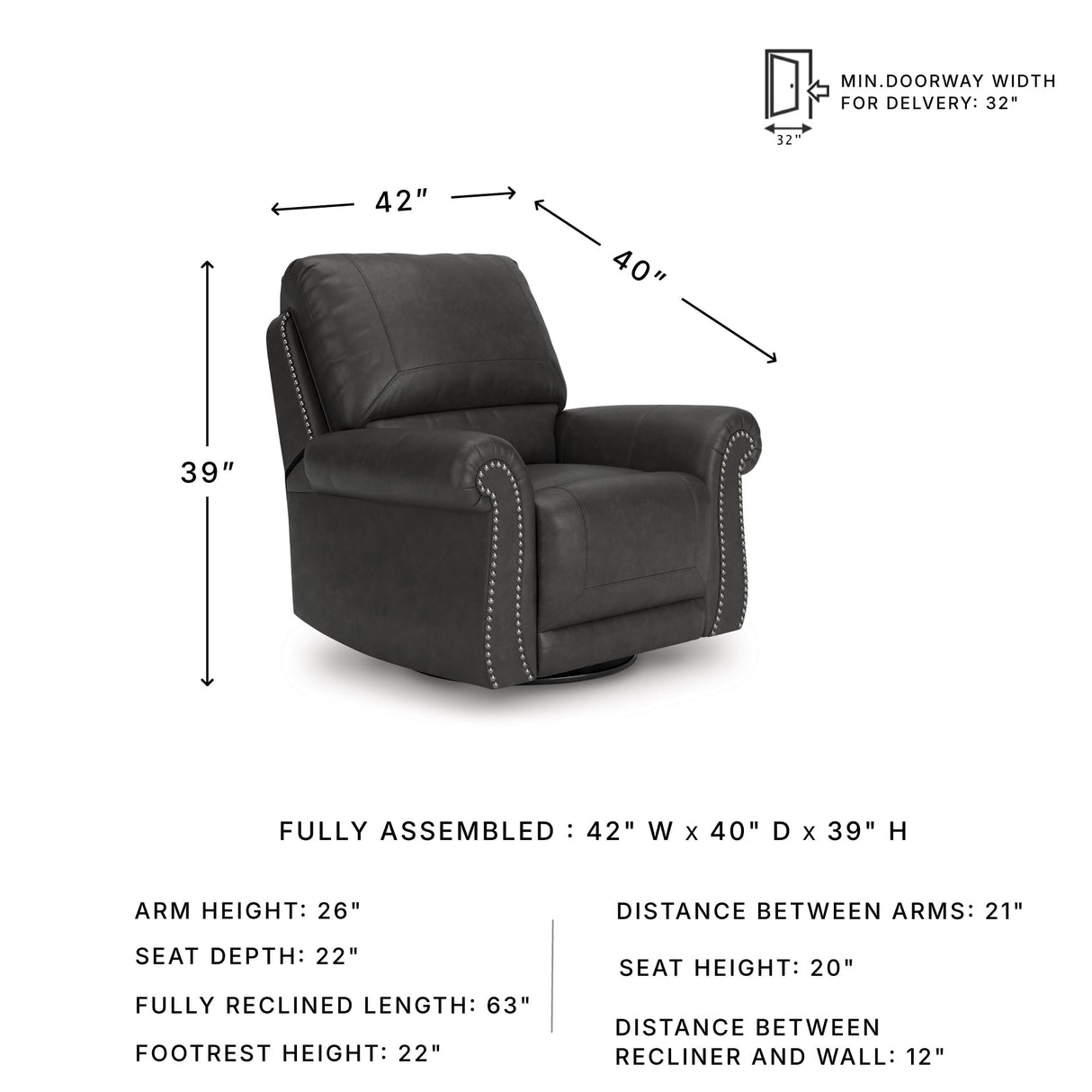 Signature Design by Ashley Chatterton Classic Faux Leather Manual Rocker Swivel Glider Recliner with Nailhead Trim, Black Signature Design by Ashley