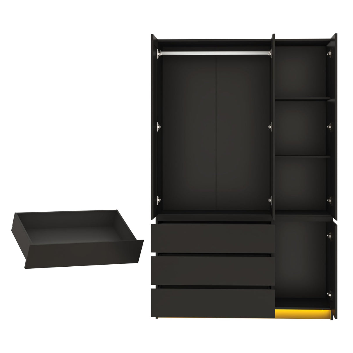 jiteentarou 3 Doors Armoire Wardrobe Closet with 3 Drawers & Mirror, Modern Wooden Bedroom Armoires with Hanging Rod Led Lights for Bedroom, Black jiteentarou