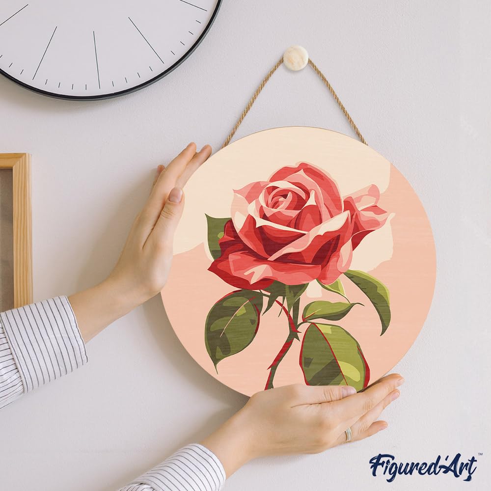 Figured'Art Paint by Numbers Kit for Adults on Wood Slice, 11.8in Diameter - Red Rose - Craft Art Painting DIY Canvas Figured'Art