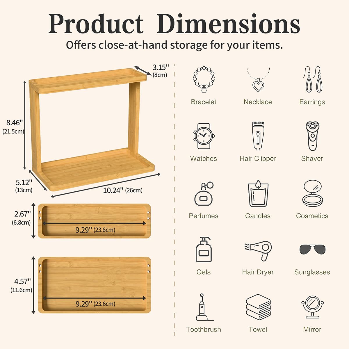 Bamboo Bathroom Organizer Countertop โ Small Vanity Storage Shelf for Makeup, Perfume, Skincare โ Natural Cosmetics Display Rack for Dresser, Sink, Kitchen โ 10.24"x8.46"x5.12" PEKER