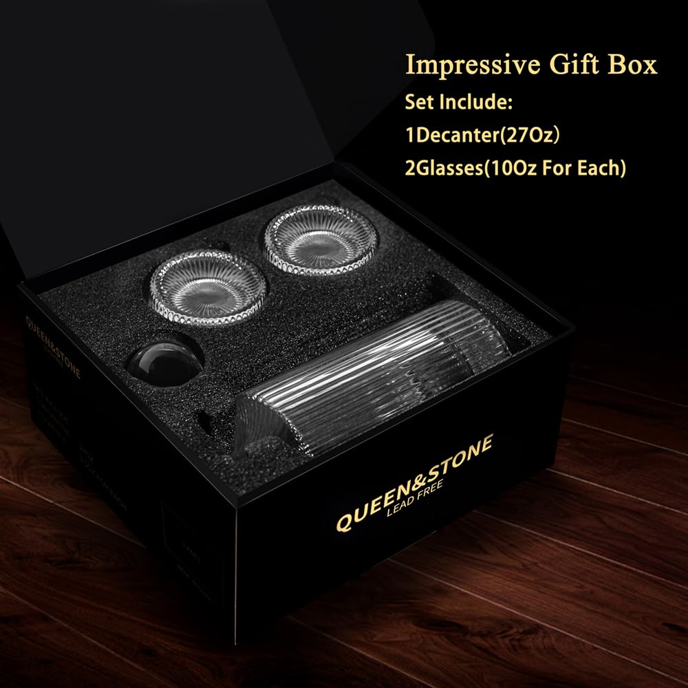 27Oz Whiskey Liquor Decanter Ribbed Set in Box,Decanter Set with 2 Glasses,Idea for Scotch Liquor,Whiskey Wine Decanter Suit for Men and Women Father Coworkers QUEEN&STONE LEAD FREE