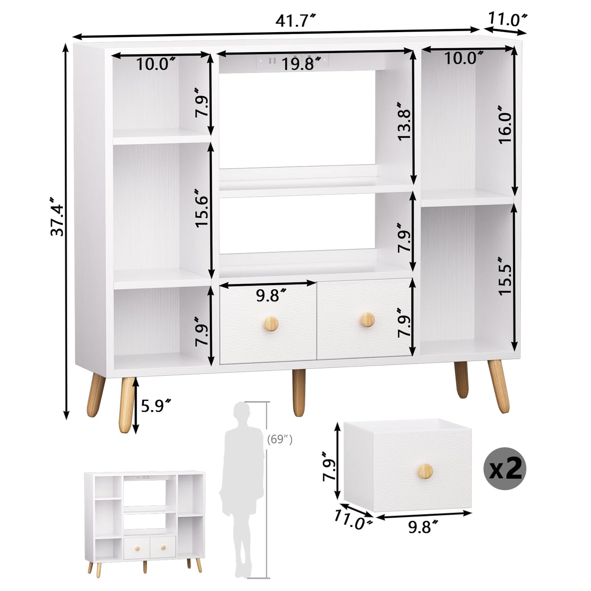 Furologee White Cube Shelf with 2 Drawers, 42inch Triple Wide Bookshelf with Power Outlets and LED Lights, 4-Tier Wood Bookcase Freestanding with Legs, Large 8 Cube Organizer for Bedroom, Living Room Furologee