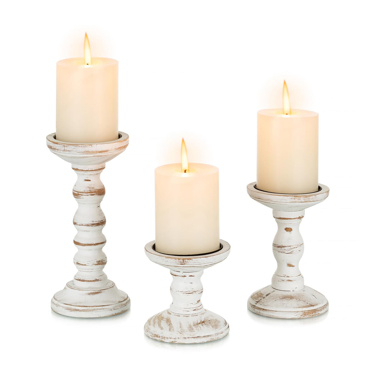 Candeldo Wood Candle Holders for Pillar: Rustic Candles Holder Set of 3 Tall Table Centerpiece Decor Wooden White Farmhouse Candle Stands for Fireplace Mantle Decorations Candeldo