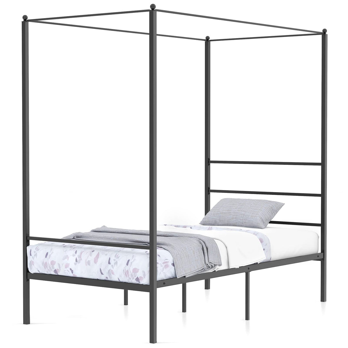 KOMFOTT Metal Canopy Bed Frame Twin Size, Modern 4 Poster Canopied Platform Bed Frame with Headboard, Heavy-Duty Metal Slat Support Mattress Foundation, No Box Spring Needed, Easy Assembly, Black KOMFOTT