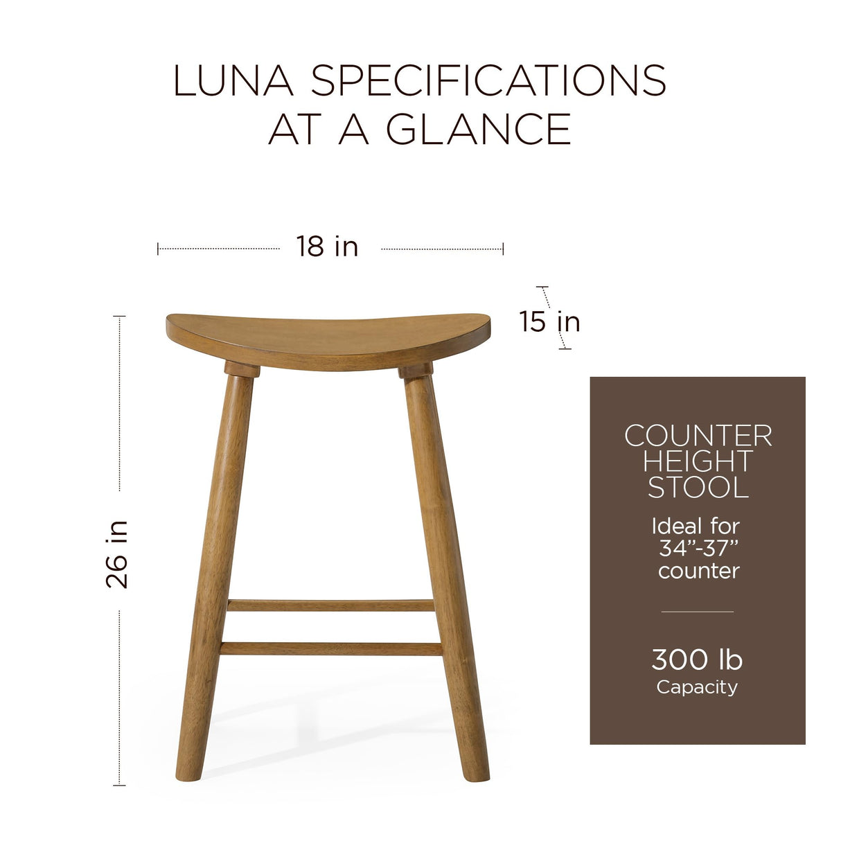 Maven Lane Kitchen Bar Stool, Modern Farmhouse Wood Counter Barstool, Kitchen Island Counterstool, Counter Height Bar Stools for Kitchen, Wide Seat Backless Bar Stools, Luna 26 Inch, Rustic Natural Maven Lane