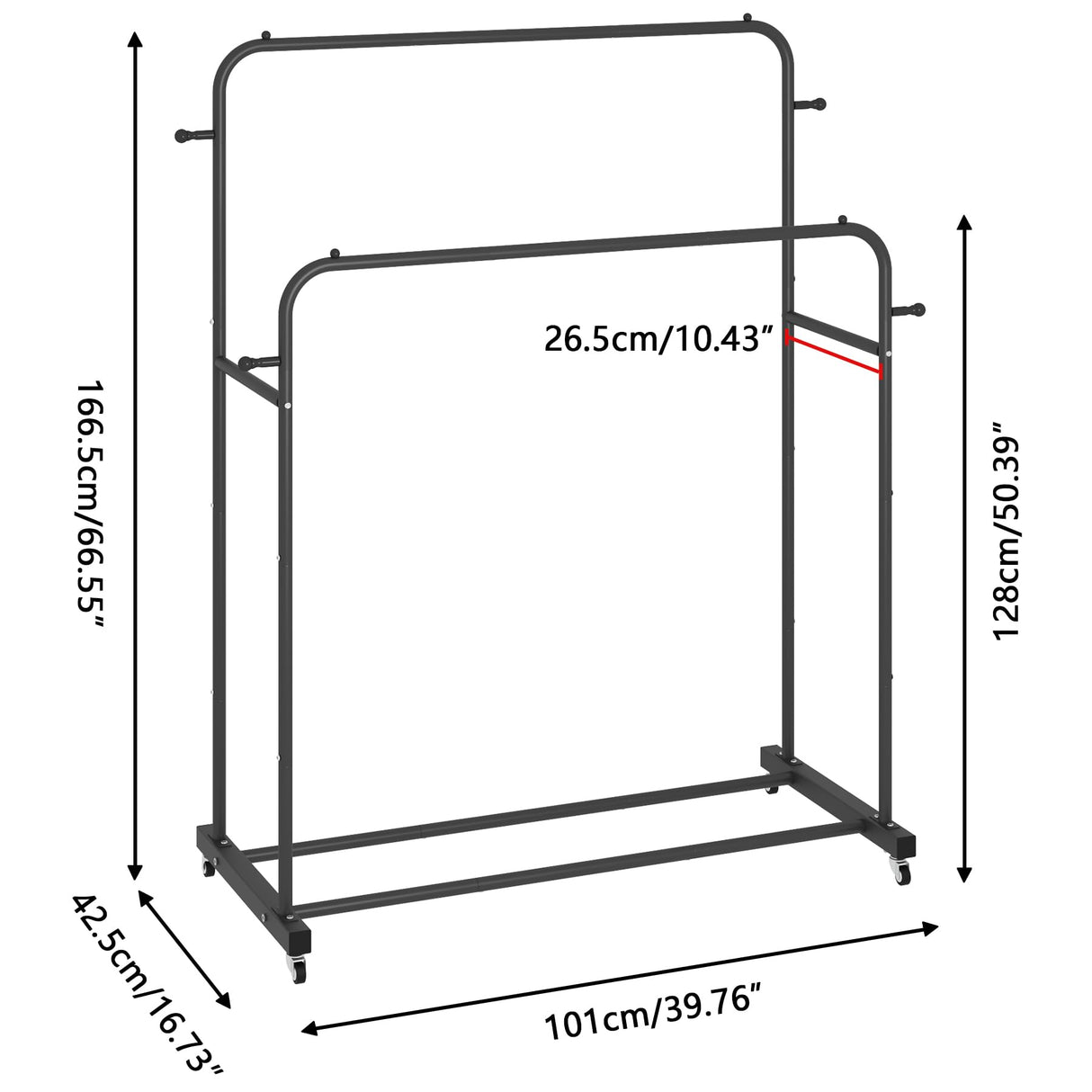 Laiensia Double Rods Garment Rack with Wheels, Clothing Rack for Hanging Clothes,4 Hooks, Multi-functional Bedroom Clothes Rack, Black Laiensia
