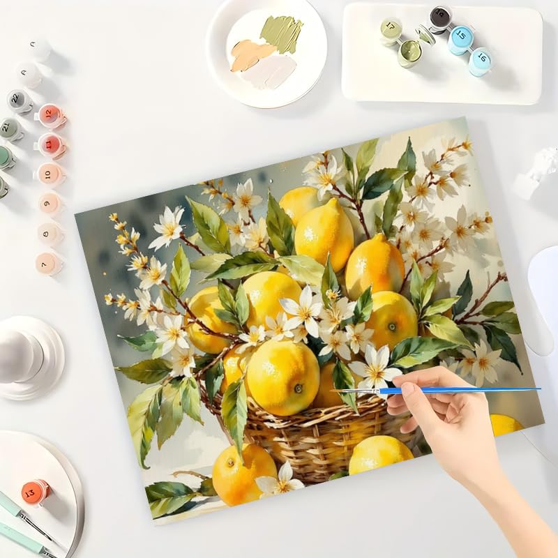 Still Life Paint by Numbers Kit for Adults - DIY Lemon Basket with Blossoms Painting on Canvas 16x20 Inches, Acrylic Paint Set, Suitable for Beginners, Fruit Art for Home Decoration or Gifts DecorFriday