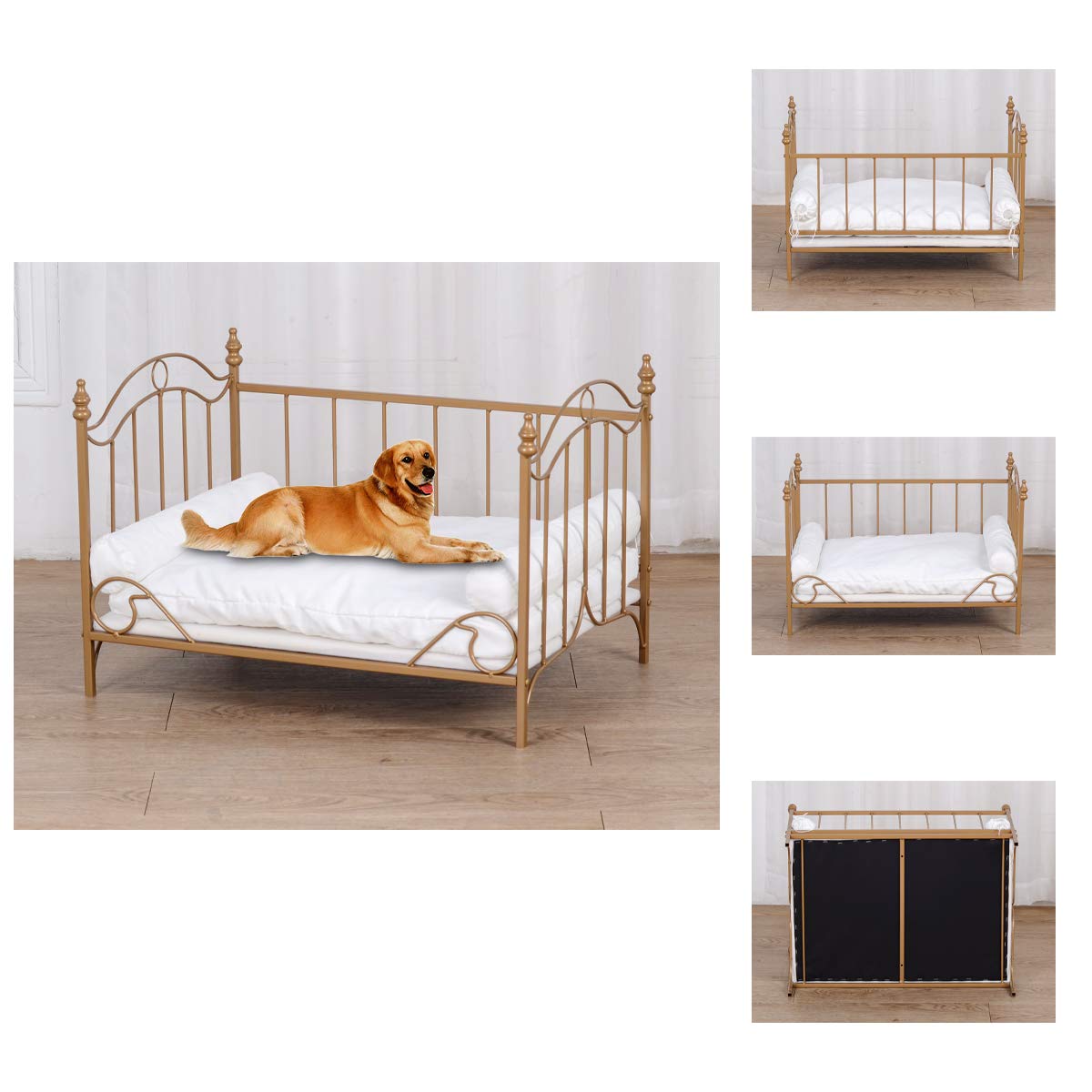 Pet Bed, Dog Bed with Metal Frame and Detached White Velvet Cushion with 2 Pillow for Small Dog Babyland