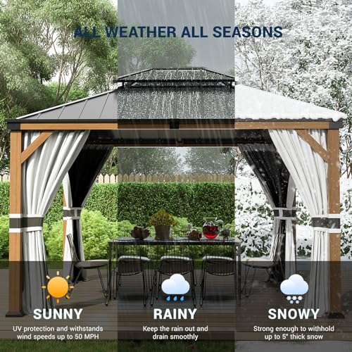 UDPATIO 10' x 12' Hardtop Gazebo, Wood Grain Finish Aluminum Frame Outdoor Gazebo with Galvanized Steel Double Roof, Metal Gazebo Canopy with Curtain and Netting for Garden, Patio and Deck, Grey UDPATIO