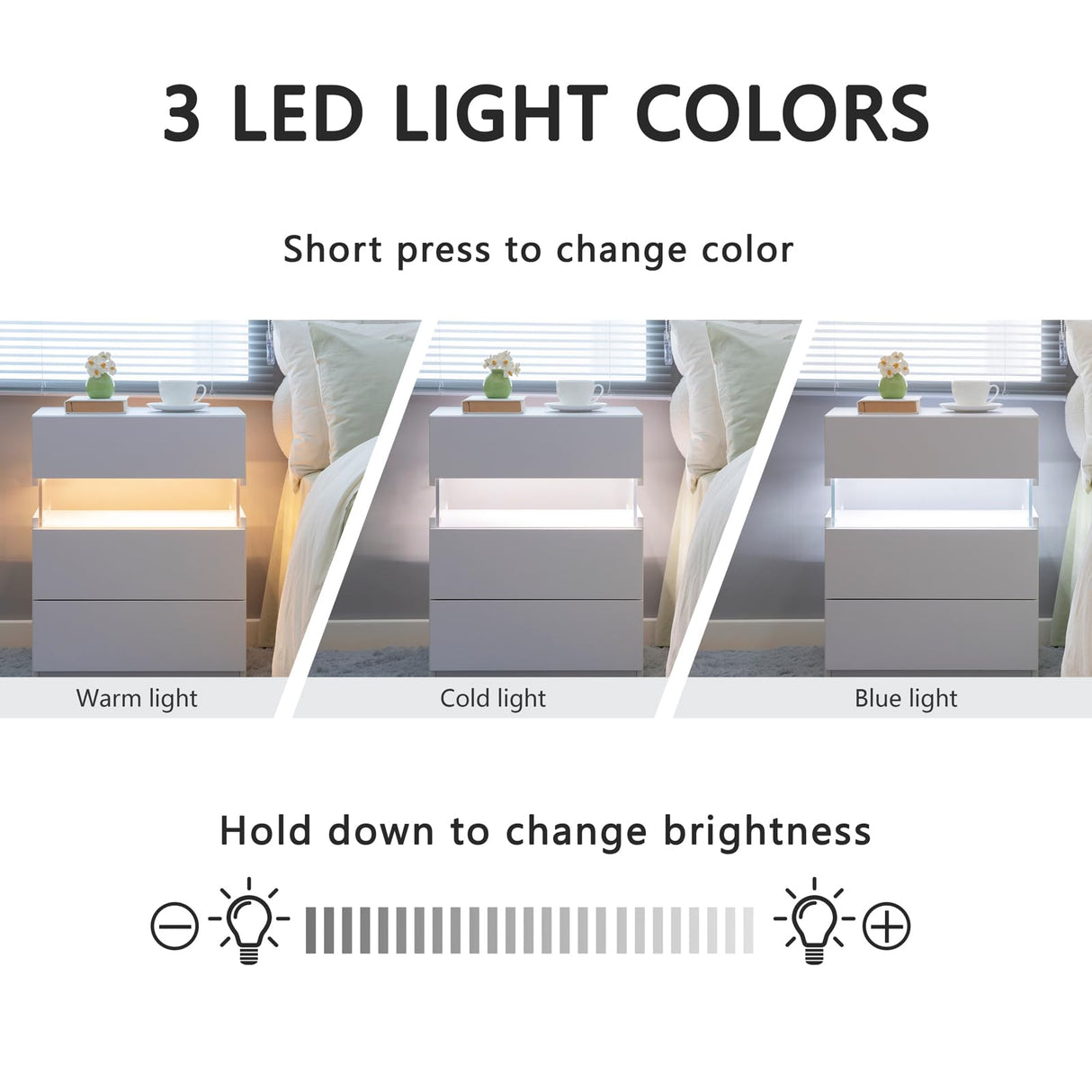 DKYNDSYN Lighted Nightstand with 3 Drawers, LED Lights with 3 Colors and Adjustable Brightness, Remote Control, 19.7" W x 14.6" D x 23.6" H, White DKYNDSYN