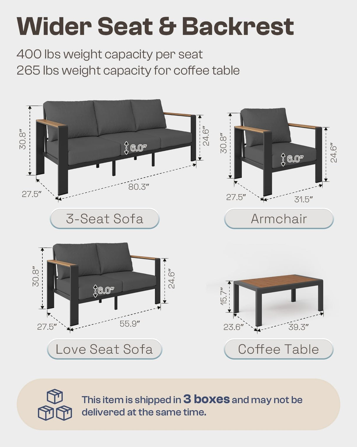Oasbira Aluminum Outdoor Patio Furniture Set with Coffee Table, 4 Piece Patio Conversation Sets with Washable Thick Cushions, Patio Sectional Furniture Set for Porch, Balcony, Deck, Graphite Oasbira