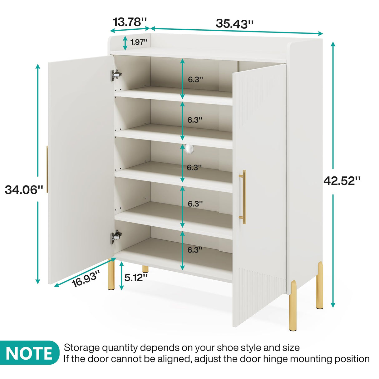 Tribesigns Large Shoe Cabinet with Doors, 6-Tier Entryway Shoe Storage Cabinet with Shelves, 30 Pairs Modern Shoes Rack Organizer for Hallway, Closet, Bedroom, Living Room, White & Gold Tribesigns