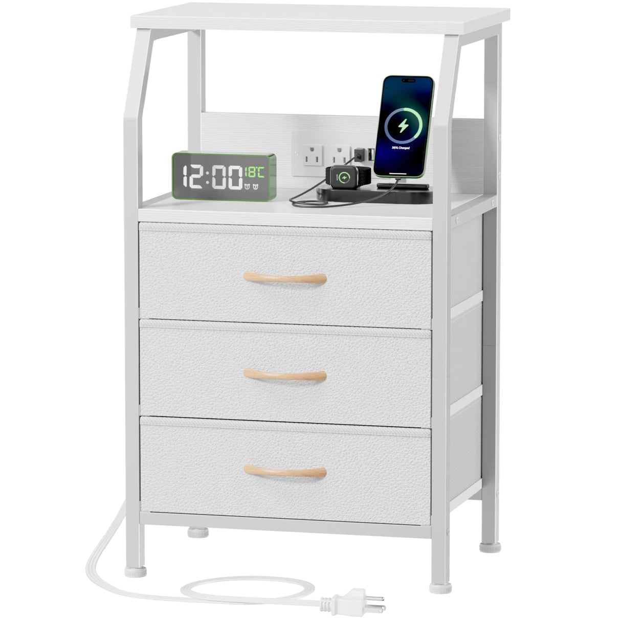 Furnulem Night Stand with Charging Station, 28.3 Inch Tall Bedside Table with PVC Drawers, End Table with USB Ports and Outlets, 3 Fabric Drawer Storage Nightstand for Bedroom, 3 Ways to Use, White Furnulem