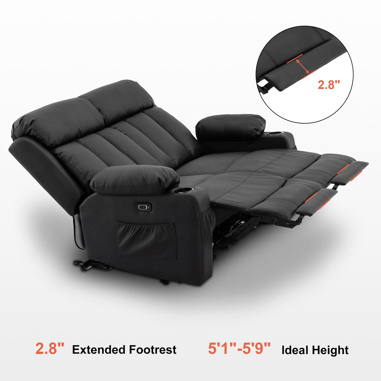 MCombo Power Loveseat Recliner, Electric Reclining Loveseat Sofa with Heat and Vibration, Cup Holders, USB Charge Port for Living Room 6075 Faux Leather (Loveseat Recliner, Black) MCombo