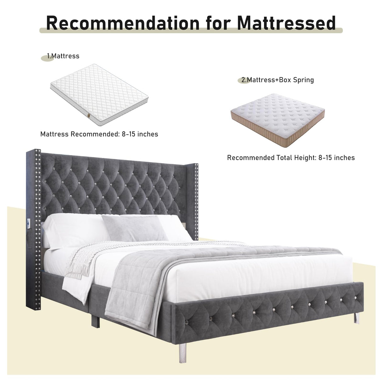 Hlivelood Queen LED Upholstered Bed Frame with Wingback Headboard, Velvet Diamond Button Tufted Bed Frame w/USB&Type-C Ports, Pocket and LED Lights, Wood Slats Support, No Box Spring Needed, Dark Grey Hlivelood