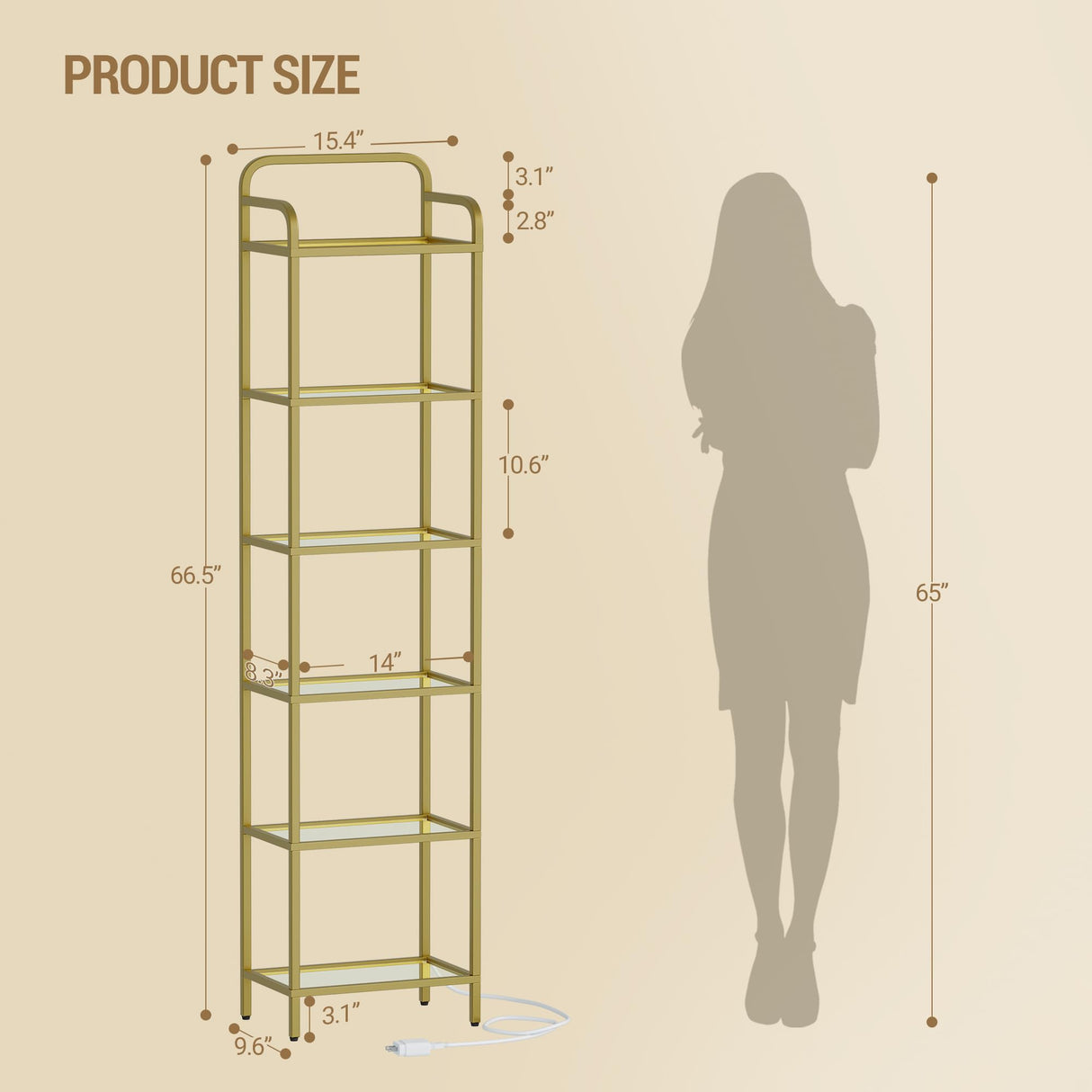 Hzuaneri Bookshelf, Tall Narrow Bookcase with LED Lights, Tempered Glass Bookshelves with Steel Frame, Display Shelf, Slim Shelving Unit for Living Room, Bedroom, 9.6"D x 15.4"W x 66.5"H Gold BC34699G Hzuaneri
