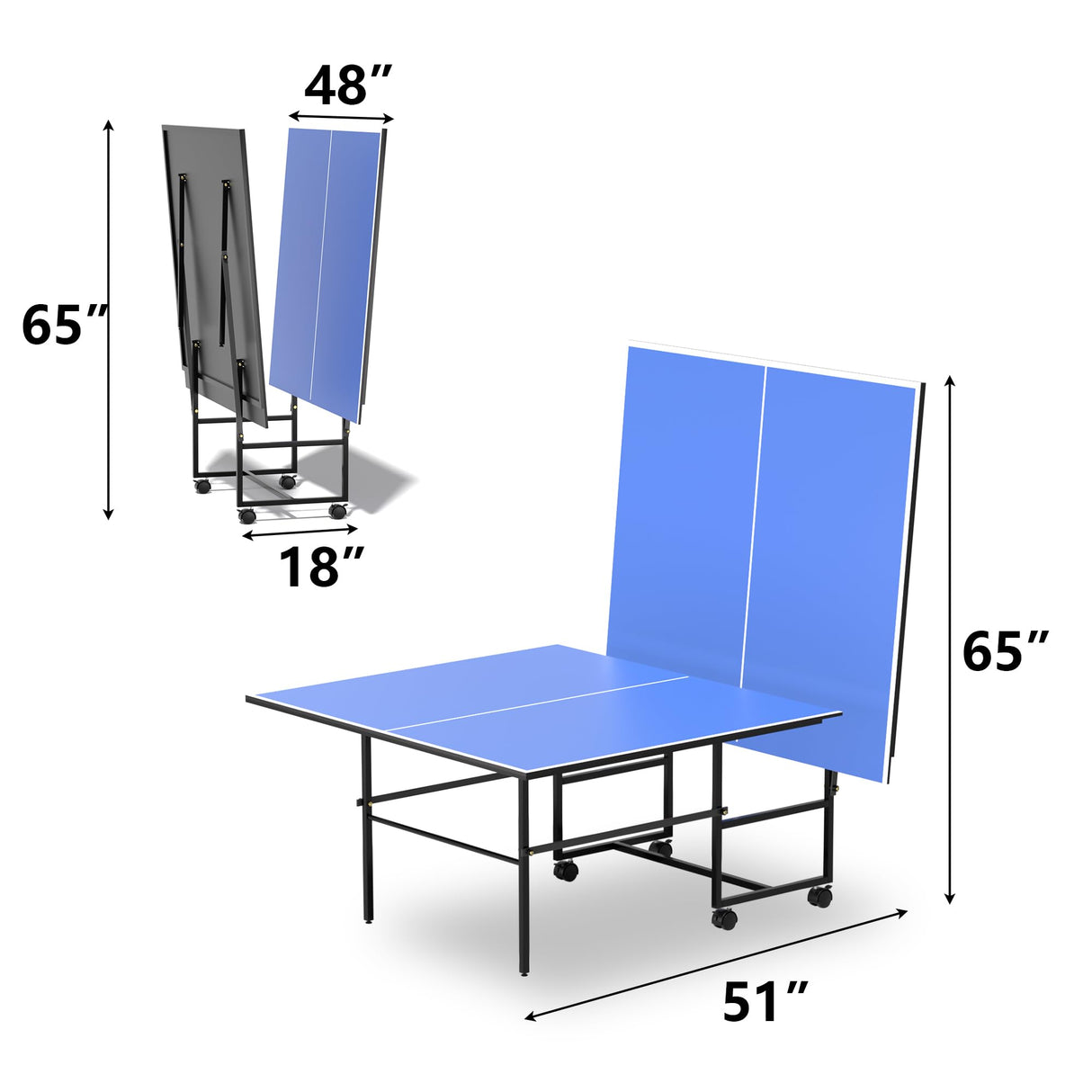9ft Mid-Size Folding Rolling Ping Pong, Foldable & Portable Ping Pong Table Set for Indoor Games with Net, 2 Table Tennis Paddles and 3 Balls, Size 108 * 60 * 30Inch HIMcup