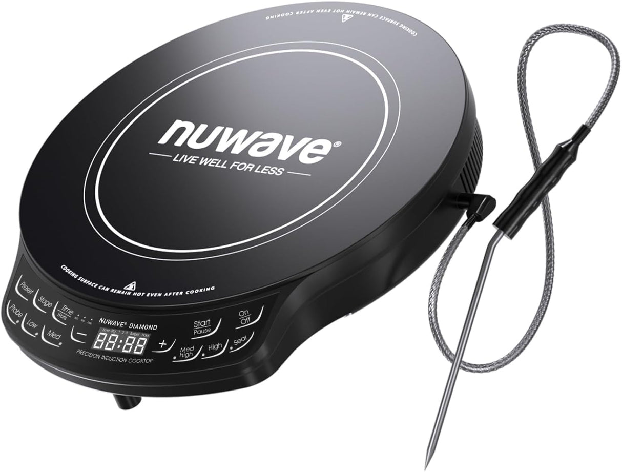 Nuwave Diamond Induction Cooktop, New & Improved Electric Burner with Probe, 91 Temps 50°F to 500°F, 6.5” Heating Coil, Shatter-Proof Ceramic Glass, 3 Wattage Settings, Ideal for Dorms, RVs & Apts Nuwave