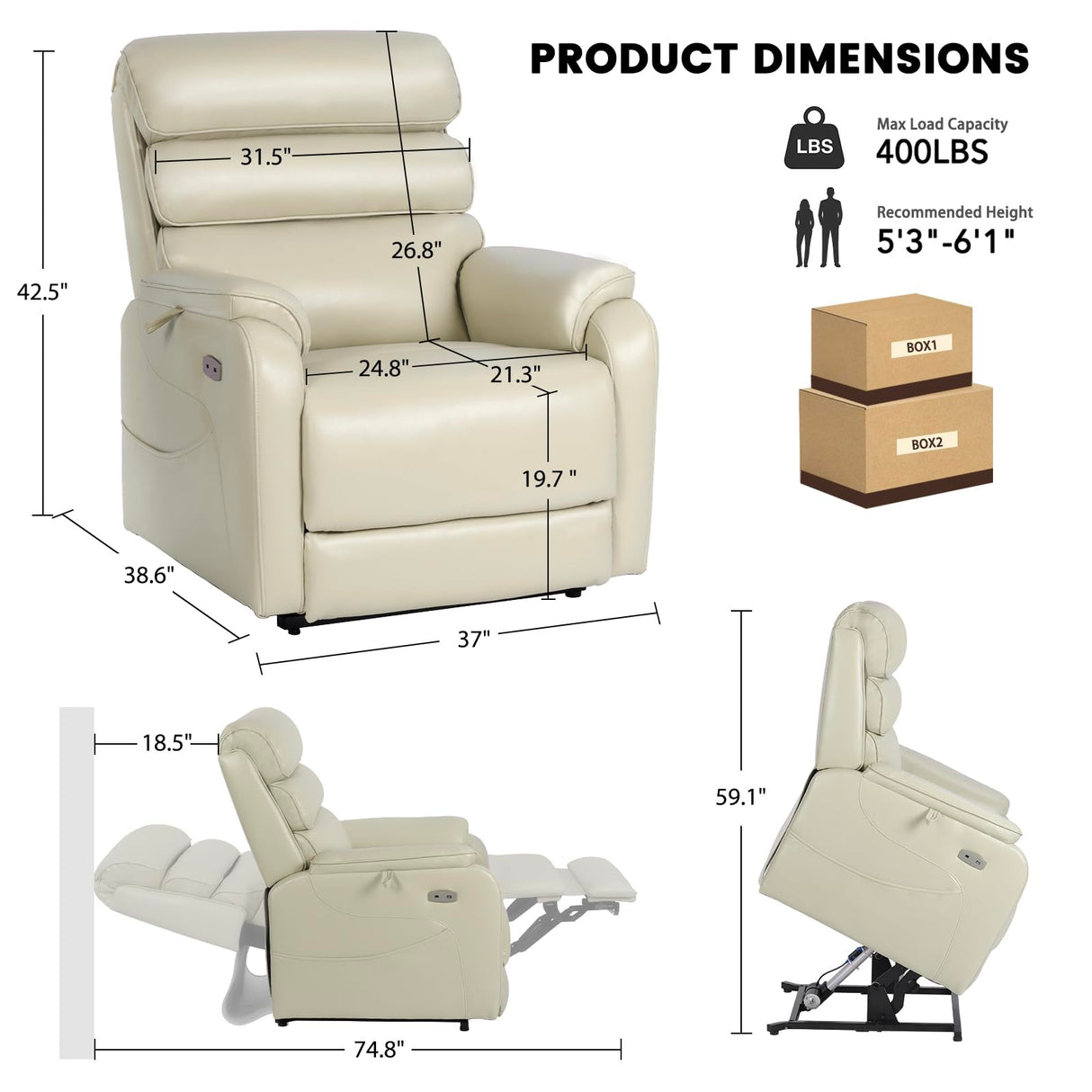 EONIX Wide Lay Flat Power Lift Recliner Chair for Elderly, 400lbs Heavy Duty Lift Chairs with Heat and Massage Charging Ports, Oversized Dual Motor Power Recliner for Adults, LRY004063, Cream White EONIX