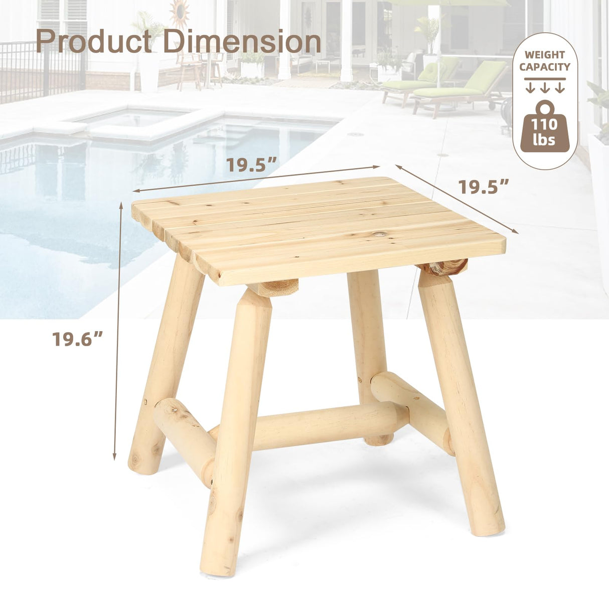 EPICOZY Outdoor Adirondack Log Side Table, 19.5" Thick Wooden Patio Square End Table with Slatted Tabletop, Solid Wood Rustic Accent Table for Indoor & Garden Deck Porch Balcony Backyard, Natural EPICOZY