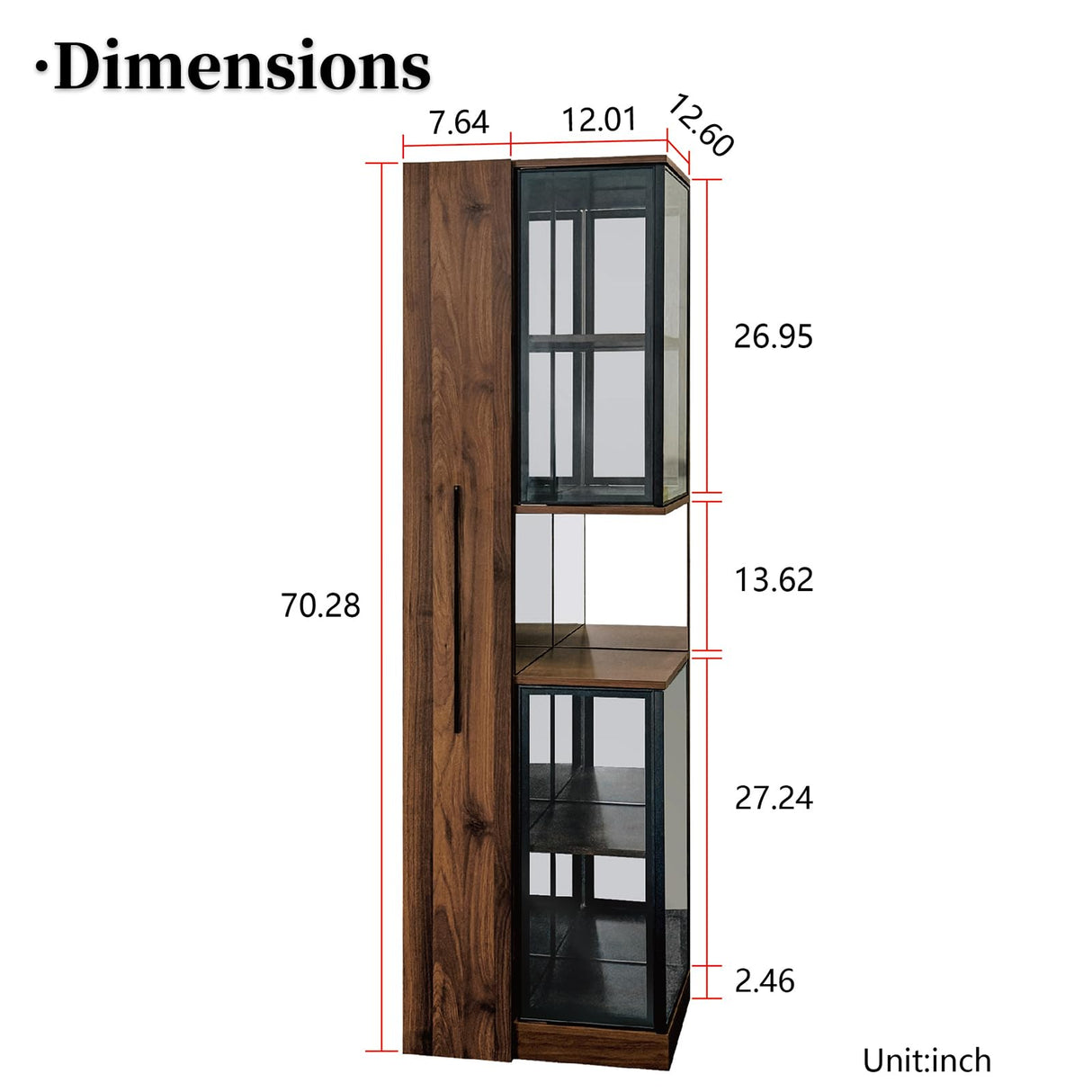Display Cabinet with Double Glass Door, Diagonal Mirror, 6-Tier Pull-Out Shelf & Cordless Rechargeable LED 70'' Tall Lighted Display Cabinet for Curio, Collectibles with Storage Wood Finish Brown JOYSOURCE