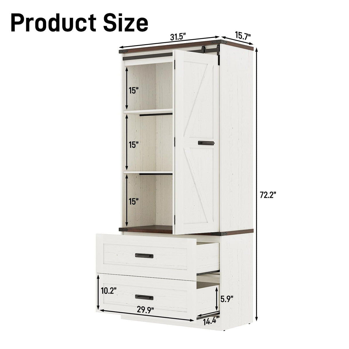 Hlivelood 72" Tall Storage Cabinet with Barn Doors & 2 Drawer, Pantry Cabinet with Adjustable Shelves, Rustic Wood Cupboard for Kitchen, Dining Room, Living Room, White Hlivelood