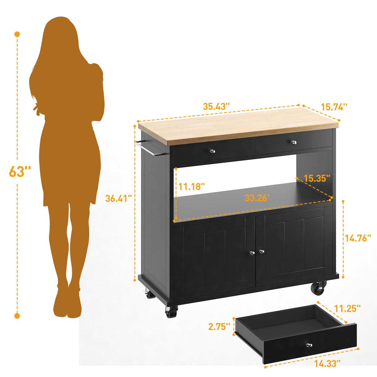 knoworld Rolling Kitchen Island with Storage Cabinet, 35.4'' Width Kitchen Cart, 2 Drawers Island Table, Portable Mobile Kitchen Island with Towel Rack, Wood Top and Lockable Wheels, Black knoworld