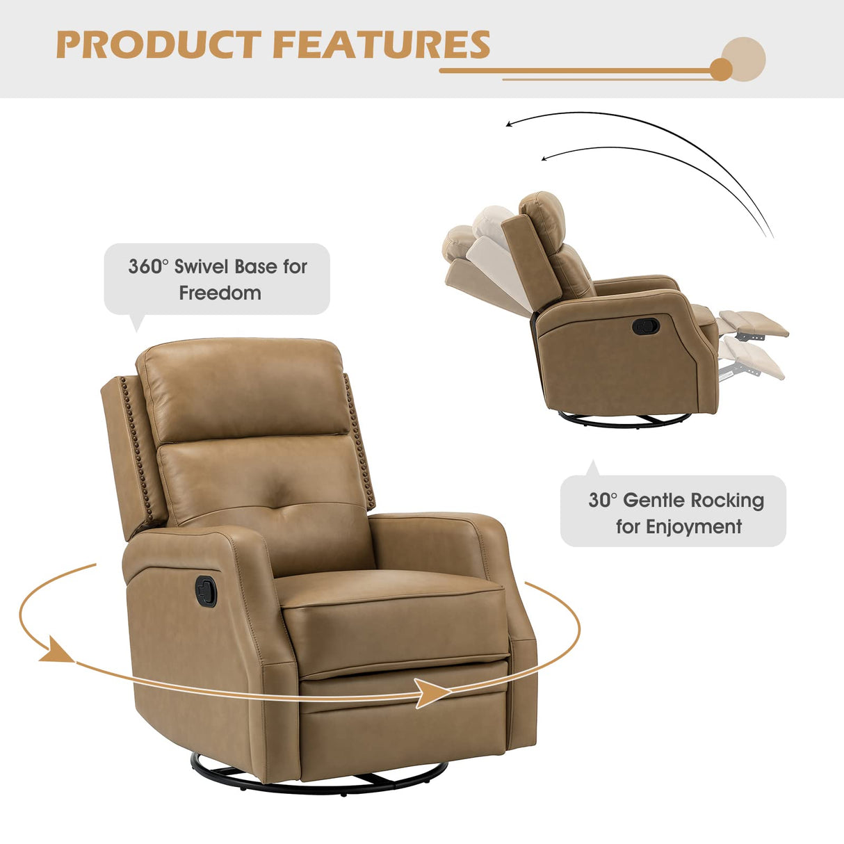 HULALA HOME Genuine Leather Swivel Rocker Recliners Set of 2 with Adjustable Backrest & Footrest, Manual Glider Recliners with 360° Swivel Base, Home Theater Sofa Chairs for Living Room, Taupe HULALA HOME