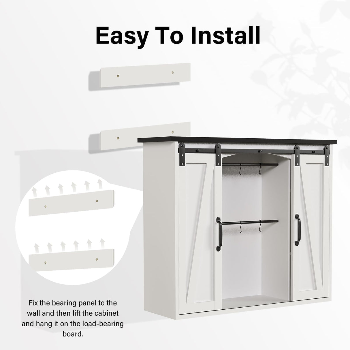 4ever2buy Farmhouse Coffee Bar with Storage, 31.5 Inch Floating Kitchen Wall Cabinet with 6 Hooks for Wall, Wall Mount Cabinet with Barn Door for Living Room, White Kitchen Wall Cabinet 4ever2buy