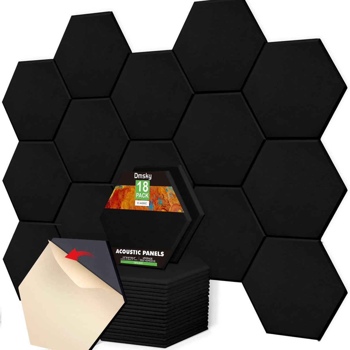 18 Pack Acoustic Panels-12"X10"X 0.4" Self-Adhesive Soundproof Wall Panels High-Density Sound Absorbing Panel Acoustic Treatment Panel Used in Home & Offices (Black Hexagon) Dmsky
