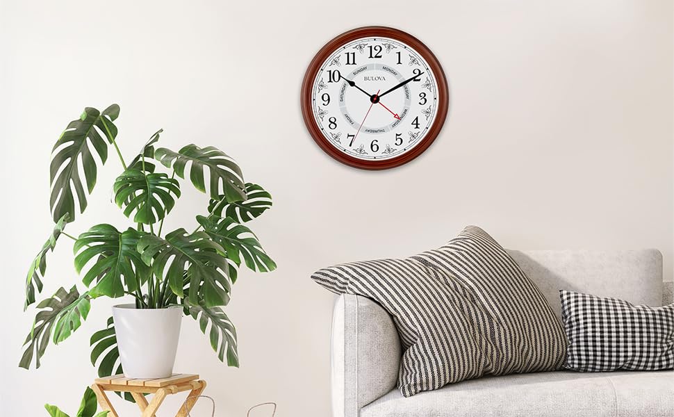 Bulova Daily Wall Clock, Model C4804 | Brown Cherry Finish | Modern Design | Large Easy-to-Read Numerals | Quartz Movement | Battery Operated Bulova