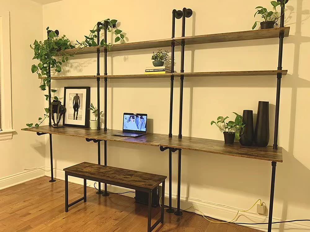 ZIOTHUM Wall Mount Desk, Ladder Desk, Shelf Desk, Industrial Desk, Wall Table, Computer Laptop Desk with Shelves, Industrial Bookcase Desk Wall Mount Floating Pipe Table with Storage (36x20x81) ZIOTHUM