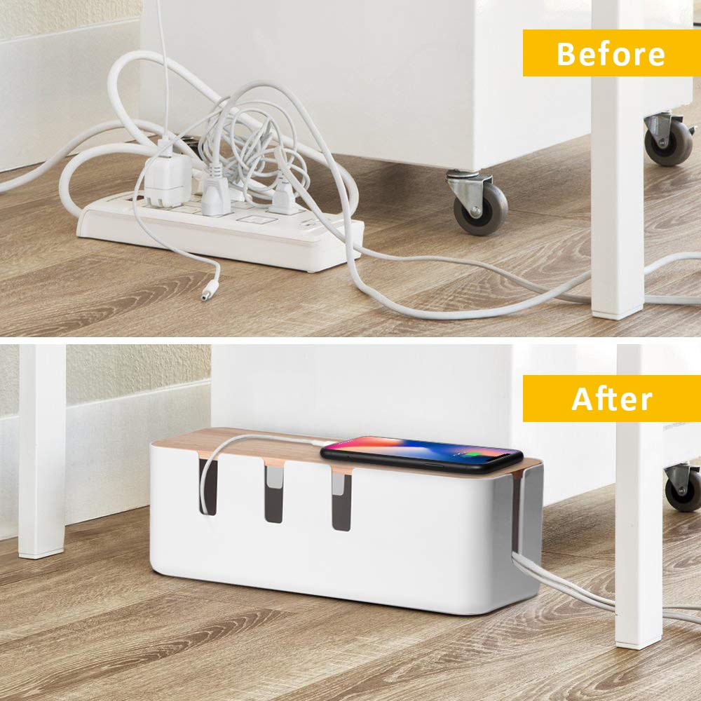 Cable Management Box by Baskiss, 12x5x4.5 inches, Wood Lid, Wire Organizer for Desk TV Computer USB Hub System to Cover and Hide & Power Strips & Cords Baskiss