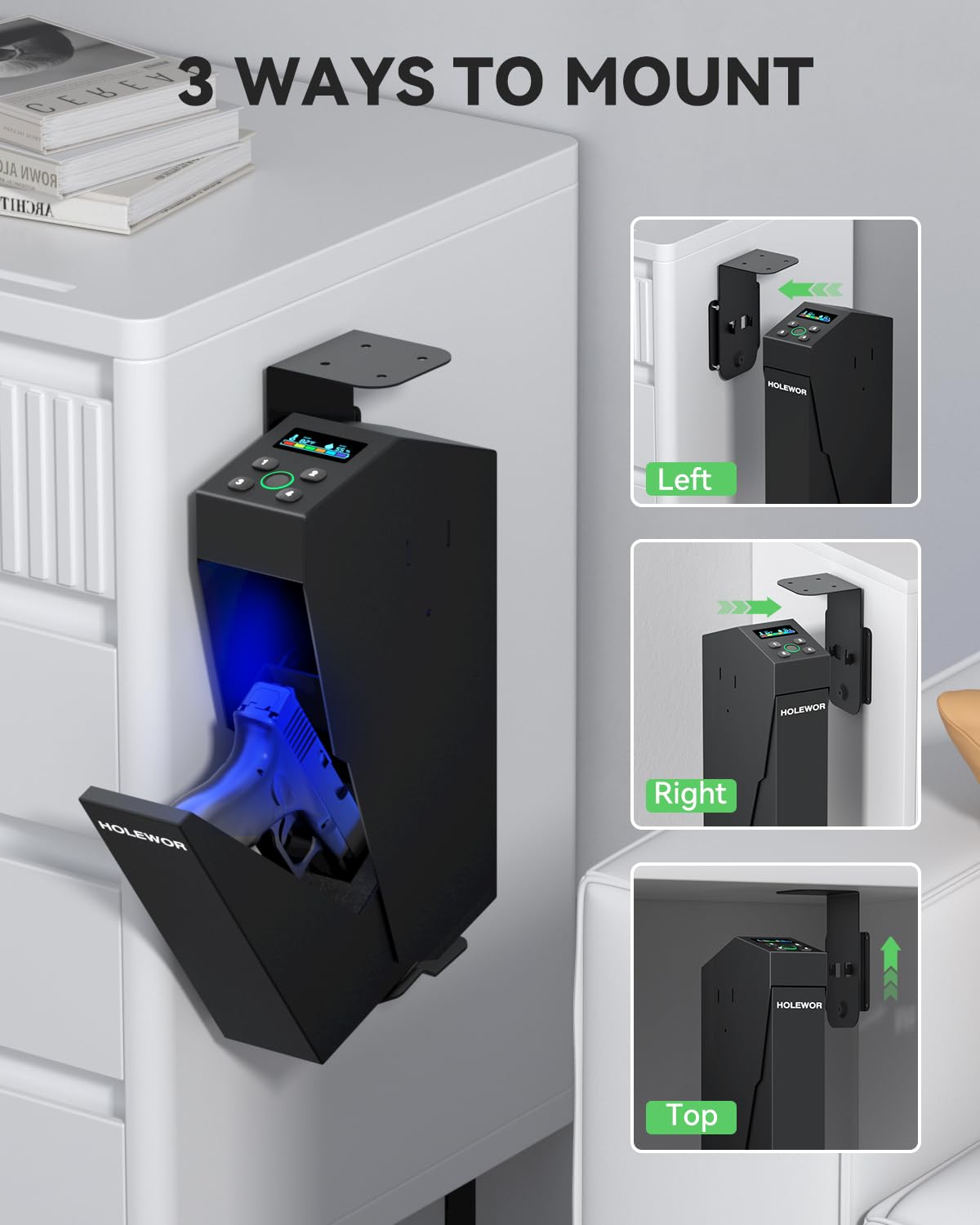 Gun Safe Biometric Pistol Safe Fingerprint Drop Down Mount Handgun Safe Under Table for Desk Bedside Nightstand HOLEWOR