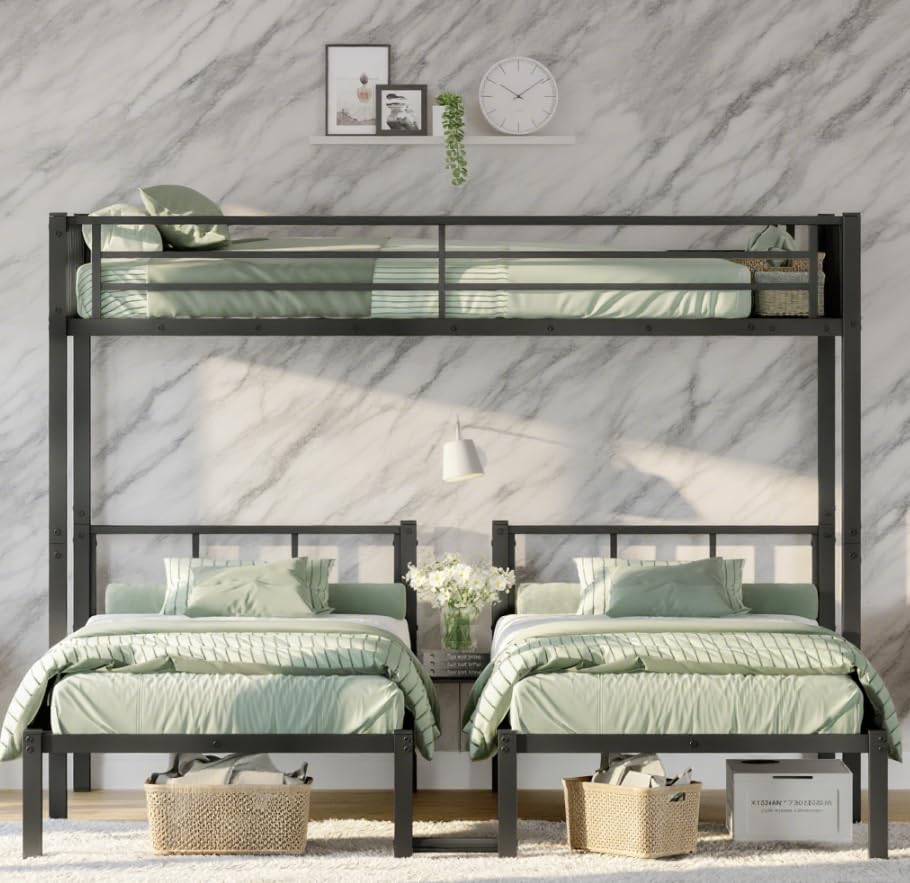 Bellemave Twin Triple Bunk Bed for Kids, Teens,Adults, Metal Twin XL Bunk Beds for 3, 3 bunk Bed for Kids, Adults(Heavy Metal, Black) Bellemave