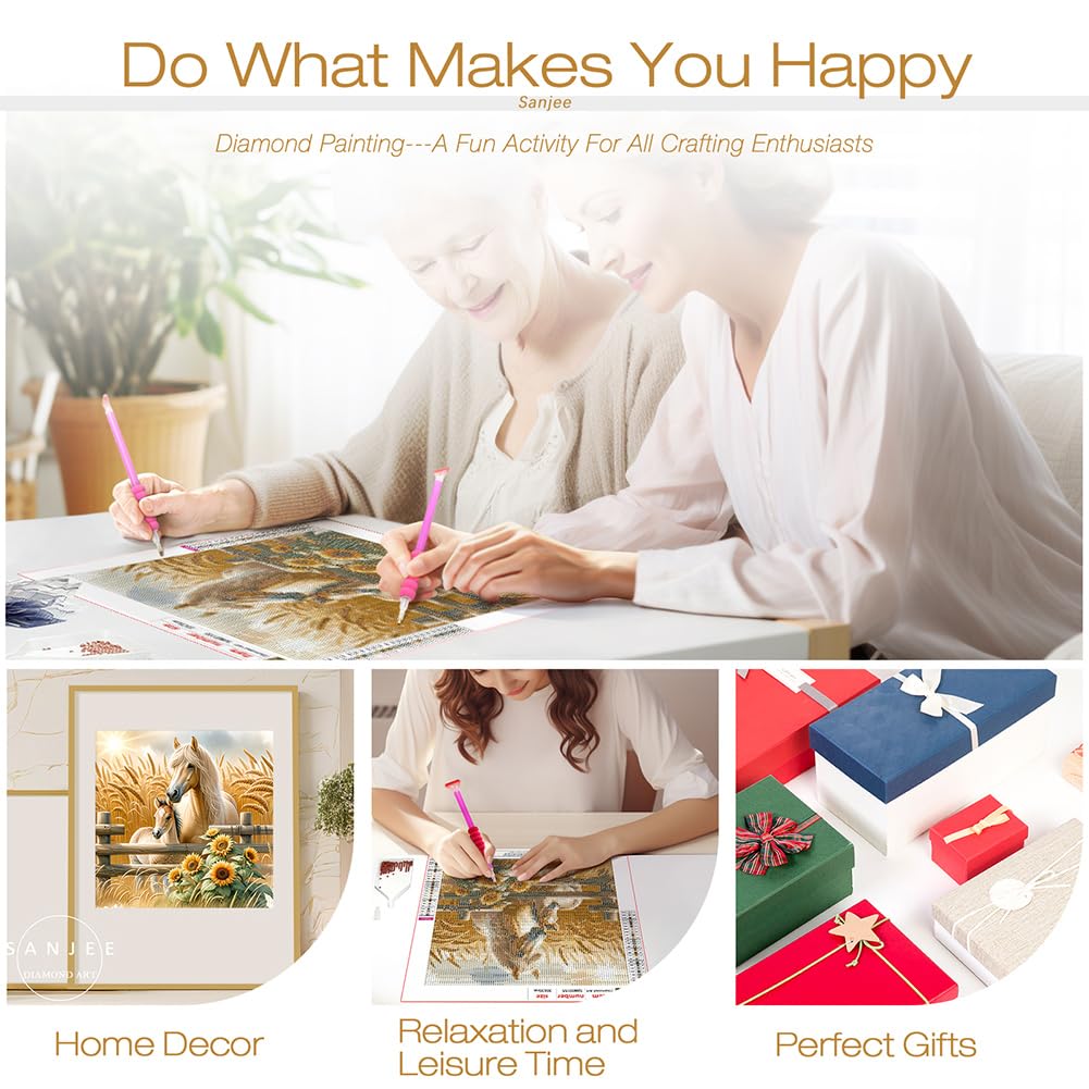 Sanjee Diamond Art Kits for Adults, Horses Diamond Painting Kits for Beginner, 5D DIY Round Full Drill Gem Art Crafts for Home Wall Decor Gift, 12x12inch Sanjee