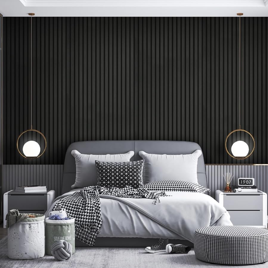 INNO STICKERS 3-Piece Wood Slat Wall Panel for Interior Wall Decor Noise Cancelling 94.5" x 11.4" Acoustic Decorative 3D Sound Absorbing Wall Paneling, Black Oak, 22.4 Sq.Ft INNO STICKERS