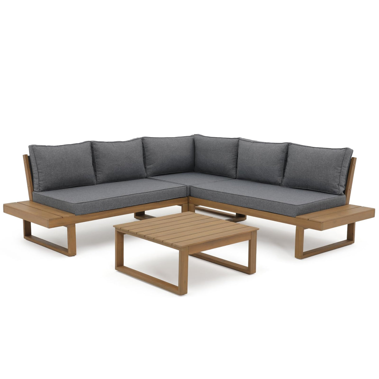 Soleil Jardin 4 Piece Acacia Wood Patio Furniture L-Shaped Outdoor Sectional Sofa Set with Coffee Table, FSC Certified Conversation Set with Built-in Side Table and Grey Cushions for Garden Soleil Jardin
