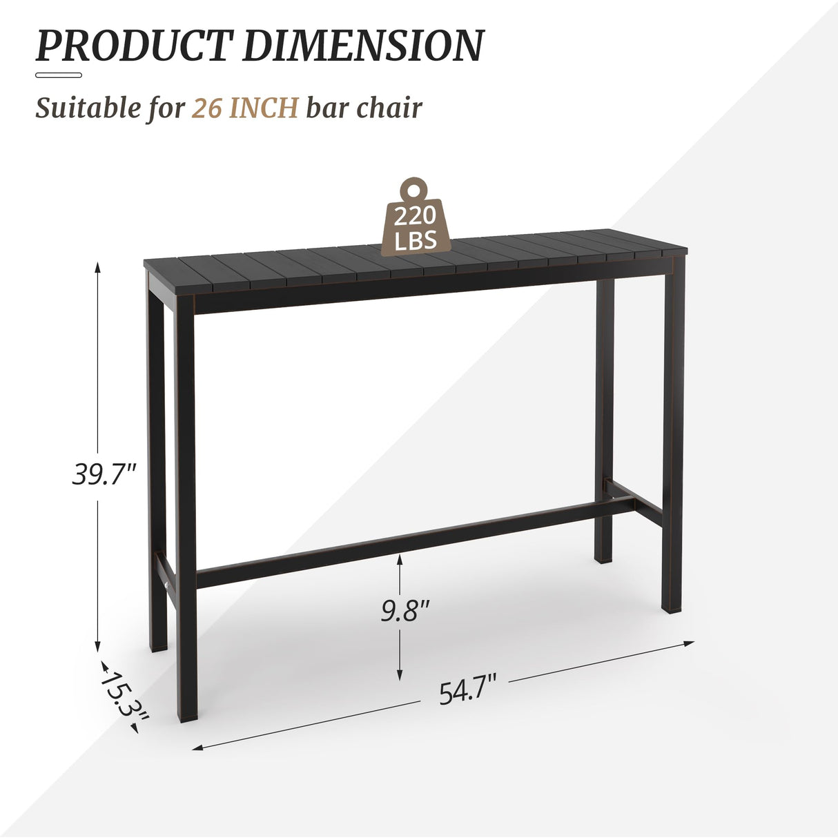 Cozyman Outdoor Bar Table, 55" Black Patio Bar Height Counter Table, Waterproof HDPS Slatted Top, Weather Resistant, Hot Tub, Balcony, Yard, Indoor or Outdoor Use Cozyman