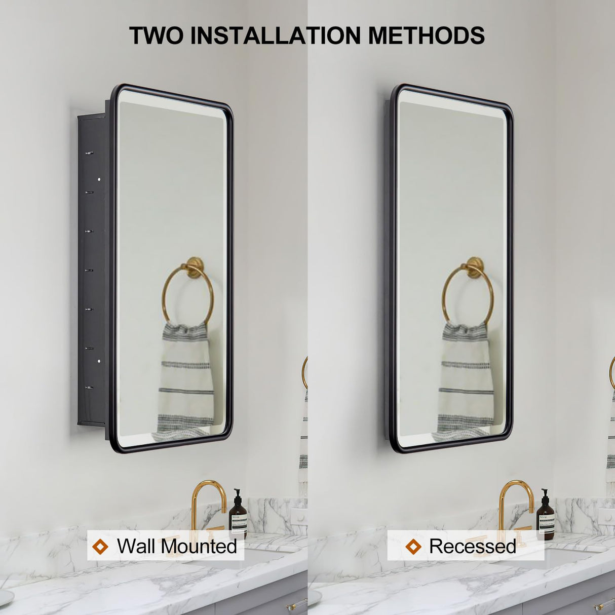 YOOSHINE Black Bathroom Medicine Cabinet with Mirror 17 x 27 Metal Frame Recessed Or Wall Mounted Single Door Storage Medicine Cabinets with Adjustable Shelves Rounded Corner Beveled Mirrors YOOSHINE