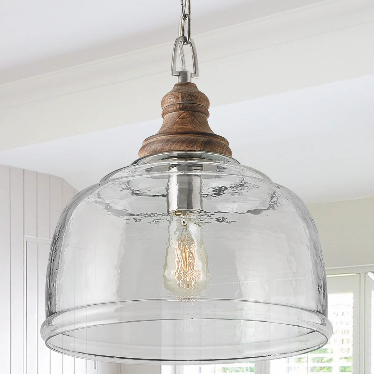 Capital Lighting 330318GY Julian Coastal Style Clear Organic Rippled Glass Pendant with Handcrafted Mango Wood Finial, 1-Light 60 Watt, 16" H x 14" W, Grey Wash Capital Lighting Fixture Company