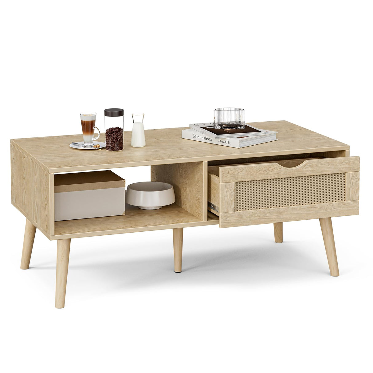 ZttRiee Wood Coffee Table with Storage, Boho Dining Table with Rattan Drawer and Solid Wood Legs, Small Coffee Tables for Living Room, Oak ZttRiee