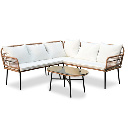 Homsido 4 Pieces Patio Sectional Furniture Chairs Set Boho Water-Resistant Outdoor Indoor Wicker Sectional Sofa Beige Woven PE Rattan Conversation Chat Set with Rect Side Table(White Cushions)