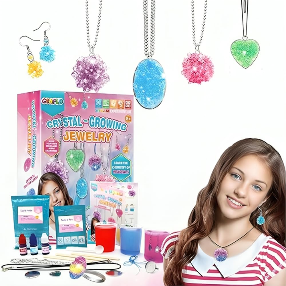 LIVEVIE Crystal Growing Jewelry Kit, Create 6 Jewelry Pieces for Kids - DIY Sparkling Pendants, Necklaces & Earrings Educational Science Kit for Hands-On Learning & Creativity LIVEVIE