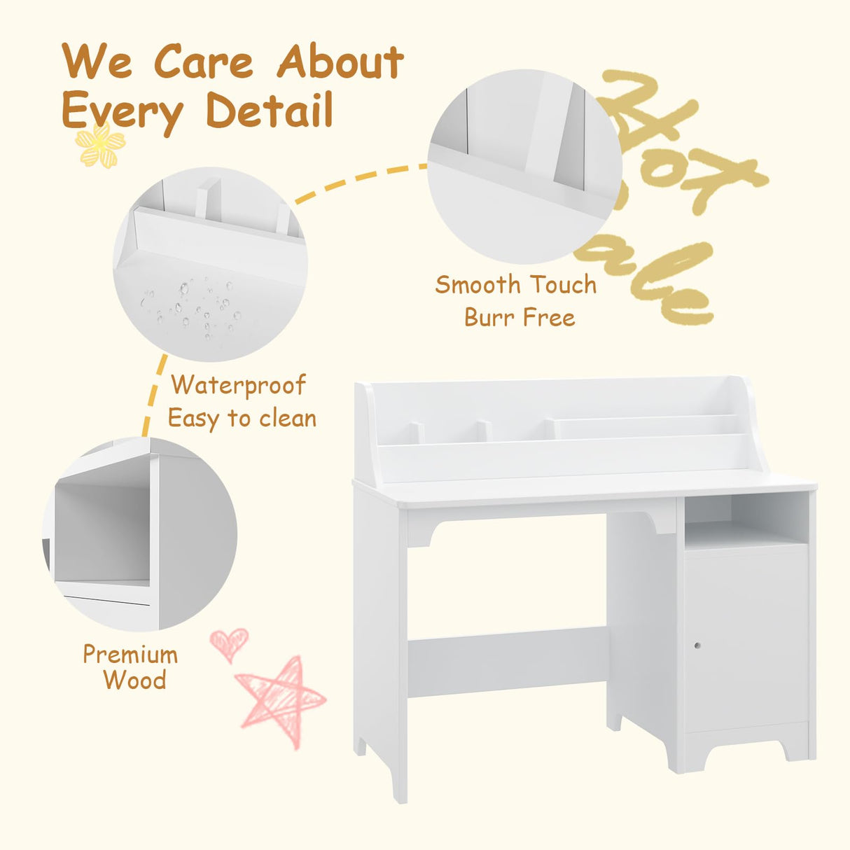 JoanKaren White Kids Desk with Chair, Study Desk for Boys Girls with Hutch, Storage Cabinet, Wooden Children Study Table, Student Writing Desk Computer Workstation for Kids Bedroom & Study Room,White JoanKaren